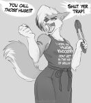  anthro apron arm_tuft artist_name breasts canid canine canis cheek_tuft clothing dialogue elbow_tuft energyvector english_text facial_tuft female female_anthro fist gloves_(marking) grey_background greyscale hair highlights_(coloring) holding_object holding_tongs holding_tool mammal markings monochrome offscreen_character open_mouth portrait question raised_arms rhetorical_question sharp_teeth shirt short_hair simple_background solo speech_bubble standing suggestive_clothing suggestive_shirt talking_to_another tank_top teeth tessa_bluemane text text_on_clothing text_on_shirt text_on_tank_top text_on_topwear three-quarter_portrait tongs tongue tools topwear tuft wolf yelling 