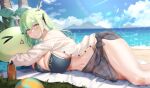  &gt;_&lt; 1girl antlers beach beach_towel bikini bird black_bikini blue_sky blush bottle breasts cardigan ceres_fauna cleavage cloud day grass green_hair grin hair_between_eyes hair_ribbon highres hololive hololive_english large_breasts leaf looking_at_viewer lotion lying mixed-language_commentary mountainous_horizon navel ocean on_side outdoors palm_tree ribbon sarong seagull see-through sky smile solo sunscreen swimsuit thighs tnolize towel tree white_bird white_cardigan 