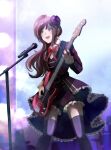  1girl bang_dream! bow bowtie brown_hair commentary_request dress frilled_dress frilled_sleeves frills hat highres imai_lisa leggings long_hair microphone mini_hat music playing_guitar ponytail purple_dress purple_leggings red_bow red_bowtie shirt singing white_shirt xin_(blueramen) 