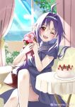  1girl ;d ahoge alternate_costume cake dress food honeyrain_re indoors long_hair looking_at_viewer one_eye_closed open_mouth pointy_ears purple_dress purple_hair red_eyes sitting smile solo sword_art_online table teeth twitter_username upper_teeth_only window yuuki_(sao) 