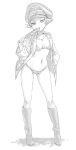  1girl bikini breasts collarbone erwin_(girls_und_panzer) full_body girls_und_panzer greyscale hand_in_pocket hat jewelry military_hat military_uniform monochrome navel necklace shinaso_(sachi-machi) simple_background sketch small_breasts solo swimsuit uniform 