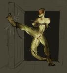  absurd_res angry anthro anus argonian bethesda_softworks big_breasts bound breaking_restraints breasts bruh_reiji claws cuff_(restraint) door female genitals green_body green_scales hands_tied hands_tied_behind_back hi_res kicking_door navel nipples nude pussy restraints rope scales scalie solo tail tasha_the_argonian the_elder_scrolls 