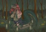  alligator alligatorid anthro big_breasts breasts candle clothed clothing crocodilian female green_body green_scales hair hi_res honeybear human_to_anthro mostly_nude nipples open_mouth outside partially_submerged red_hair reptile scales scalie sharp_teeth solo species_transformation swamp teeth topless torn_clothing transformation water 