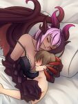  2015 animal_humanoid anon big_breasts blush bra breasts claws cleavage clothed clothing digital_media_(artwork) dragon dragon_humanoid duo embrace female hair hi_res hug human humanoid jabberwock_(mge) larger_female larger_female_smaller_male lingerie long_hair male male/female mammal monorus monster_girl_(genre) monster_girl_encyclopedia pillow pink_hair romantic romantic_couple size_difference tall_female taller_female topless topless_male under_covers underwear wings 