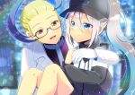  1boy 1girl :d baseball_cap black_headwear black_jacket black_shorts blonde_hair blue_eyes blue_hair blurry blurry_background brown_eyes closed_mouth commentary_request commission depth_of_field feet_out_of_frame forehead glasses gloves grey_hair grey_jacket hair_between_eyes hat jacket knees_up kou_hiyoyo long_hair long_sleeves multicolored_hair original pokemon ponytail puffy_long_sleeves puffy_sleeves purple_shirt semi-rimless_eyewear shirt shorts skeb_commission smile streaked_hair under-rim_eyewear very_long_hair white_gloves 