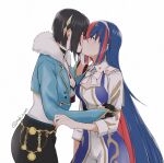  2girls alear_(female)_(fire_emblem) alear_(fire_emblem) black_hair blush closed_eyes fire_emblem fire_emblem_engage fur_trim hair_ornament jacket kiss long_hair long_sleeves multicolored_hair multiple_girls nel_(fire_emblem) red_eyes ribbon short_hair tiara two-tone_hair very_long_hair white_background white_ribbon yuri yuuhi_(arcadia) 