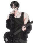  1boy aing73153260 black_eyes black_hair black_jacket black_shirt chrollo_lucilfer collarbone cross cross_necklace cross_tattoo earrings electric_guitar facial_mark facial_tattoo forehead_mark forehead_tattoo guitar highres holding holding_instrument holding_microphone hunter_x_hunter instrument inverted_cross jacket jewelry long_sleeves male_focus microphone necklace off_shoulder open_clothes open_jacket shirt short_hair simple_background sleeveless sleeveless_shirt solo tattoo upper_body white_background 