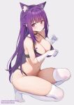  1girl animal_ears bare_shoulders blush bra breasts cat_ears cleavage collarbone elbow_gloves fern_(sousou_no_frieren) gloves half_updo highres large_breasts long_hair looking_at_viewer navel panties purple_bra purple_eyes purple_hair purple_panties sidelocks simao_(x_x36131422) solo sousou_no_frieren squatting thighhighs underwear white_gloves white_thighhighs 