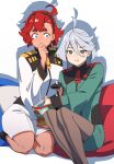  2girls :t absurdres aduti_momoyama ahoge asticassia_school_uniform black_hairband blue_eyes closed_mouth controller covering_mouth dark-skinned_female dark_skin drop_shadow grey_hair grey_pantyhose gundam gundam_suisei_no_majo hair_between_eyes hairband hand_up highres long_hair long_sleeves looking_at_another miorine_rembran multiple_girls pantyhose red_hair remote_control school_uniform short_hair shorts simple_background single_vertical_stripe sitting suletta_mercury thick_eyebrows white_background white_shorts 