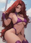  1girl armpit_crease bra breasts brooch collar dc_comics flowerxl green_eyes highleg highleg_panties jewelry large_breasts long_hair looking_at_viewer midriff navel panties red_hair solo starfire teen_titans thick_thighs thighhighs thighs underwear 