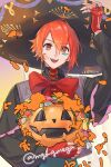  1boy absurdres black_headwear black_jacket bow facial_mark fingerless_gloves gloves hat highres idolish7 jack-o&#039;-lantern jacket male_focus mgmgmega nanase_riku official_alternate_costume open_mouth red_bow red_eyes red_gloves red_hair short_hair smile solo sombrero teeth 