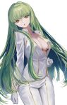  1girl :o breasts c.c. code_geass cowboy_shot gloves green_hair long_hair long_sleeves looking_at_viewer medium_breasts open_clothes open_mouth open_shirt pants scar scar_on_breasts shirt shou_(mori_boro) simple_background solo very_long_hair white_background white_gloves white_pants white_shirt yellow_eyes 