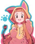  1girl animal_hood blush bow brown_eyes brown_hair cosplay fang hood hood_up ichihara_nina idolmaster idolmaster_cinderella_girls kigurumi long_hair long_sleeves open_mouth orange_hair outline paw_pose paw_print red_bow shimazaki1152 simple_background skin_fang sleeves_past_wrists solo tail tail_bow tail_ornament very_long_hair 