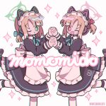  2girls ;) ;d animal_ear_headphones animal_ears apron black_dress blonde_hair blue_archive blue_bow blush_stickers bow closed_mouth collared_dress commentary dress fake_animal_ears feet_out_of_frame frilled_apron frills grey_background hair_bow halo headphones highres holding_hands koru_koruno long_sleeves maid maid_headdress midori_(blue_archive) midori_(maid)_(blue_archive) momoi_(blue_archive) momoi_(maid)_(blue_archive) multiple_girls one_eye_closed pantyhose puffy_long_sleeves puffy_sleeves red_bow siblings simple_background sisters smile standing standing_on_one_leg twins twintails white_apron white_pantyhose 
