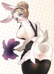  anthro big_breasts blue_eyes breasts brown_hair butt clothing female fullpillow_(artist) fur grey_body grey_fur hair hi_res huge_thighs lagomorph leporid looking_at_viewer looking_back looking_back_at_viewer maid_headdress maid_uniform mammal multicolored_body multicolored_fur rabbit rear_view side_boob smile solo standing thick_thighs uniform white_body white_fur 
