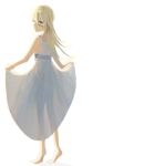  1girl barefoot closed_mouth daken0208_yona dress full_body long_hair nier nier_(series) see-through simple_background smile solo white_background white_dress white_hair yonah 