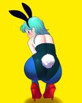 1girl absurdres animal_ears blue_eyes blue_hair blush bulma closed_mouth detached_collar dragon_ball fake_animal_ears fake_tail golde_(artist) high_heels highres leotard long_hair looking_at_viewer looking_back playboy_bunny rabbit_ears rabbit_tail red_footwear simple_background solo tail yellow_background 