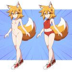  1girl absurdres abysswatchers animal_ear_fluff animal_ears arms_at_sides blonde_hair breasts buruma commission fox_ears fox_girl fox_tail full_body hair_ornament highres looking_at_viewer midriff navel nude pussy red_buruma senko_(sewayaki_kitsune_no_senko-san) sewayaki_kitsune_no_senko-san shoes short_hair small_breasts sneakers standing tail track_and_field track_uniform yellow_eyes 