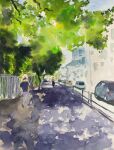  building car city dappled_sunlight day faceless fence highres motor_vehicle original painting_(medium) road sakaue111 shadow street sunlight traditional_media tree tree_shade watercolor_(medium) 