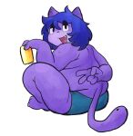  anarchoblues anthro back_fat barefoot beverage biped blue_hair can clothed clothing container cute_fangs domestic_cat ear_piercing feet felid feline felis female fur gesture hair half-closed_eyes hi_res holding_beverage holding_can holding_container holding_object julie_(anarchoblues) looking_at_viewer looking_back looking_back_at_viewer love_handles mammal narrowed_eyes obese obese_anthro obese_female open_mouth open_smile overweight overweight_anthro overweight_female panties panties_only piercing purple_body purple_fur rear_view simple_background sitting smile solo tail topless underwear underwear_only v_sign white_background 