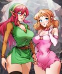  2girls artist_name belt belt_buckle black_thighhighs blue_eyes breasts brown_belt brown_hair brown_shirt buckle circlet dated dress elbow_gloves english_commentary fingerless_gloves gloves green_headwear green_tunic hair_between_eyes holding_hands large_breasts link_(shounen_captain) long_hair long_sleeves looking_at_viewer medium_hair mina_cream multiple_girls outdoors pink_dress pointy_ears princess_zelda red_hair shirt the_legend_of_zelda the_legend_of_zelda_(nes) thighhighs triforce 