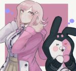  1girl :d animal_ears black_jacket black_shirt blush blush_stickers breasts brown_hair brown_skirt collared_shirt cowboy_shot danganronpa_(series) danganronpa_2:_goodbye_despair dress_shirt fake_animal_ears flipped_hair galaga hair_ornament hands_up happy highres hood hood_down jacket large_breasts medium_hair miniskirt monomi_(danganronpa) multicolored_clothes multicolored_jacket nanami_chiaki neck_ribbon pink_background pink_eyes pink_jacket pink_ribbon pleated_skirt ribbon shirt skirt smile two-tone_jacket two-tone_shirt white_background white_shirt yuni_ro 