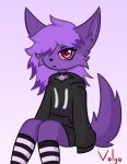  anthro canid canine clothing fennec fox fur hi_res hoodie legwear looking_at_viewer male mammal pattern_clothing pattern_legwear purple_body purple_fur simple_background sitting solo striped_clothing striped_legwear stripes thigh_highs topwear volya_(volya~) volya~ 