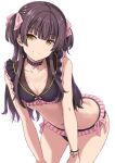  1girl bare_shoulders bikini black_choker black_hair blunt_bangs blush bow breasts brown_eyes choker cleavage closed_mouth collarbone cowboy_shot dot_nose frilled_bikini frills hair_bow hair_ribbon hands_on_own_knees idolmaster idolmaster_shiny_colors leaning_forward long_hair looking_at_viewer mayuzumi_fuyuko medium_breasts multiple_bracelets navel pink_ribbon ribbon shiroyukimajima simple_background smile solo standing swimsuit two-tone_bikini two_side_up white_background 