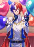  1boy alear_(fire_emblem) alear_(male)_(fire_emblem) balloon belt black_gloves blue_eyes blue_hair buckle cup drinking_glass fire_emblem fire_emblem_engage gloves gold_trim heart_balloon highres holding long_sleeves looking_at_viewer multicolored_hair open_mouth red_eyes red_hair short_hair smile solo tomo_shirasu two-tone_hair wine_glass 