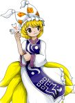  1girl animal_ears blonde_hair closed_mouth dress fox_ears fox_tail hat holding long_sleeves mob_cap multiple_tails official_art shikigami short_hair solo tabard tail touhou unfinished_dream_of_all_living_ghost white_dress white_headwear yakumo_ran yellow_eyes zun_(artist) 