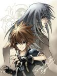  2boys back-to-back black_gloves black_jacket black_shirt blue_eyes brown_hair chain_necklace commentary eguana facing_away facing_viewer fingerless_gloves gloves grey_eyes grey_hair hand_up jacket jewelry kingdom_hearts kingdom_hearts_ii long_hair looking_back male_focus multiple_boys necklace riku_(kingdom_hearts) shirt short_hair short_sleeves simple_background sleeveless smile sora_(kingdom_hearts) spiked_hair vest white_vest 