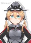  1girl ahenn aqua_eyes blonde_hair blush breasts closed_mouth grey_headwear hair_between_eyes hat kantai_collection large_breasts long_hair long_sleeves looking_at_viewer low_twintails military_uniform peaked_cap prinz_eugen_(kancolle) simple_background smile solo straight-on twintails twitter_username uniform upper_body white_background 