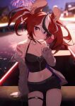  1girl absurdres animal_ear_fluff animal_ears arm_tattoo belt black_choker black_shorts blurry blurry_background breasts choker cleavage fireworks hakos_baelz hand_up highres hololive hololive_english jiang_ye_kiri large_breasts midriff mouse_ears mouse_tail multicolored_hair navel night night_sky off_shoulder outdoors red_hair short_shorts shorts sitting sky solo stomach streaked_hair tail tattoo thigh_strap thighs twintails virtual_youtuber 