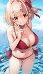  1girl bikini blonde_hair blue_sky bob_cut breasts cleavage cloud collarbone commentary_request day grin hair_ribbon highres large_breasts looking_at_viewer lycoris_recoil navel nishikigi_chisato ocean osa_(osaosa) outdoors paid_reward_available red_bikini red_eyes red_ribbon ribbon short_hair sky smile solo stomach swimsuit teeth v wading water wet 