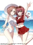  2girls beach braid breasts brown_hair cleavage cloud copyright_name eyewear_on_head fuwa_aya hat highres locked_arms low_twintails multiple_girls navel novel_illustration ocean official_art onna_doushi_toka_arienai_desho_to_iiharu_onnanoko_wo_hyakunichikan_de_tetteiteki_ni_otosu_yuri_no_ohanashi red_hair sakakibara_marika smile standing standing_on_one_leg sunglasses swimsuit thighs twintails wattaro 