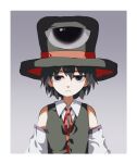  1other androgynous bare_shoulders black_eyes black_hair black_headwear black_vest border closed_mouth collared_shirt commentary_request detached_sleeves enraku_tsubakura favnvs_(s910a_ib6) frown gradient_background grey_background hat len&#039;en looking_at_viewer neck_ribbon other_focus red_ribbon ribbon sanpaku shirt simple_background sleeveless sleeveless_shirt solo upper_body vest white_border white_shirt white_sleeves 
