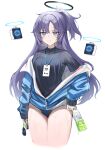  1girl aer7o black_shirt blue_archive blue_buruma blue_jacket bottle breasts buruma cropped_legs halo highres holding holding_bottle id_card jacket long_hair long_sleeves looking_at_viewer medium_breasts partially_unzipped ponytail purple_eyes purple_hair shirt sidelocks simple_background solo star_sticker sticker_on_face sweat very_long_hair water_bottle white_background yuuka_(blue_archive) yuuka_(track)_(blue_archive) 