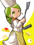  1girl alternate_costume apron blush buttons chef chef_hat closed_mouth coat commentary_request cowboy_shot drill_hair food fried_egg green_eyes green_hair hat highres holding holding_spatula itini-sanshi kanaria long_sleeves looking_at_viewer looking_to_the_side medium_bangs medium_hair neckerchief omelet orange_neckerchief rozen_maiden smile softboiled_egg solo sparkle spatula swept_bangs tamagoyaki twin_drills waist_apron white_coat yellow_apron 