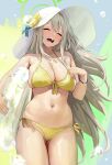  1girl :d ^_^ absurdres bikini blue_archive breasts cameltoe chela77 cleavage closed_eyes grey_hair hat highres large_breasts long_hair navel nonomi_(blue_archive) nonomi_(swimsuit)_(blue_archive) side-tie_bikini_bottom skindentation smile solo standing swimsuit thighs undersized_clothes white_headwear yellow_bikini 