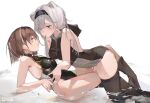  2girls absurdres animal_ears arknights aurora_(arknights) bare_arms bare_shoulders bear_ears black_hairband black_leotard black_thighhighs blue_eyes breasts brown_hair cmdr_saturn commentary grey_hair hairband highres leotard long_hair looking_at_another magallan_(arknights) medium_breasts multiple_girls thighhighs thighs white_background yuri 