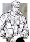  1boy abs bara chest_hair coat facial_hair goatee_stubble half-closed_eyes male_focus mature_male monochrome muni_(fdrk) muscular muscular_male no_shirt open_clothes open_coat original short_hair sideburns solo sparse_stubble stubble thick_eyebrows upper_body 