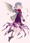  1girl angel_wings bow bowtie braid covering_mouth dress feathered_wings feathers grey_hair highres hiiragi_akio jacket kishin_sagume long_sleeves open_clothes purple_dress purple_skirt red_bow red_bowtie red_eyes short_hair single_wing skirt solo strange_creators_of_outer_world suit_jacket touhou white_hair white_wings wings 