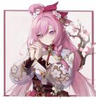  1girl absurdres border braid breasts cherry_blossoms clothing_cutout dress elysia_(herrscher_of_human:ego)_(honkai_impact) elysia_(honkai_impact) fist_in_hand hair_between_eyes hair_ornament hair_ribbon highres honkai_(series) honkai_impact_3rd long_hair long_sleeves looking_at_viewer medium_breasts official_alternate_costume pink_background pink_hair pink_pupils pointy_ears puffy_long_sleeves puffy_sleeves purple_eyes red_dress ribbon see-through see-through_sleeves side_braid sleeves_past_wrists smile solo tutou_jiang upper_body very_long_hair white_border 