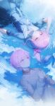  2others akiyama_mizuki androgynous blue_background closed_mouth dual_persona high_side_ponytail highres long_hair looking_at_another looking_up lying misin322 multicolored_background multiple_others on_back pink_eyes pink_hair project_sekai short_hair white_background 