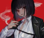  1girl black_coat black_hair blunt_bangs cigarette coat coat_on_shoulders collared_shirt fingernails highres holding holding_cigarette limbus_company long_sleeves looking_at_viewer moth_ram open_clothes open_shirt parted_lips project_moon red_background red_eyes ryoshu_(limbus_company) shirt short_hair solo white_shirt wing_collar 