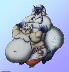  2019 absurd_res anthro belly big_belly blush bodily_fluids bottomwear bovid breasts caprine clothing crossover deep_navel digital_media_(artwork) duo featureless_breasts female fur hi_res kindred_(lol) league_of_legends made_in_abyss mammal markings mask morbidly_obese morbidly_obese_anthro morbidly_obese_female nanachi narehate navel obese obese_anthro obese_female open_mouth overweight overweight_anthro overweight_female riot_games sheep sweat thick_thighs tongue tongue_out torn_bottomwear torn_clothing viroveteruscy white_body white_fur 