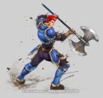  1boy armor axe blue_armor breastplate broken_armor brown_gloves clenched_hand clenched_teeth copyright_name fire_emblem fire_emblem:_mystery_of_the_emblem fire_emblem_heroes from_behind gloves holding holding_axe mixed-language_commentary official_art pauldrons red_eyes red_hair shoulder_armor teeth torn_clothes vyland_(fire_emblem) yamada_koutarou 