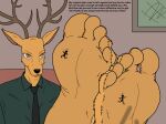  2022 5_toes anthro antlers barefoot bear beastars black_nose brown_body brown_eyes brown_fur canid canine canis cervine clothing colored deer dialogue digital_drawing_(artwork) digital_media_(artwork) english_text feet foot_fetish foot_focus fur green_clothing green_shirt green_topwear group horn humanoid_feet larger_anthro larger_male legoshi_(beastars) louis_(beastars) macro male mammal micro nails necktie plantigrade red_deer riz_(beastars) shirt size_difference smaller_anthro smaller_male smellslikejavier stick_figure stuck_to_foot text toenails toes topwear trio wolf 