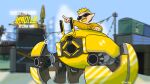  1boy blonde_hair blue_sky blurry blurry_background cable canons crab_tank_(splatoon) dock highres ikaollieart inkling inkling_boy mecha overwatch parody pointing pointing_forward pointy_ears robot sky smile solo spiked_hair splatoon_(series) splatoon_3 sunglasses sweater tentacle_hair utility_pole wrecking_ball_(overwatch) yellow_sweater 