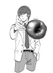  1boy absurdres apple closed_mouth death_note eminem_throwing_a_fat_rat_(meme) findoworld food fruit greyscale hand_in_pocket highres long_sleeves looking_at_viewer male_focus meme monochrome necktie school_uniform shirt short_hair simple_background standing throwing white_background yagami_light 